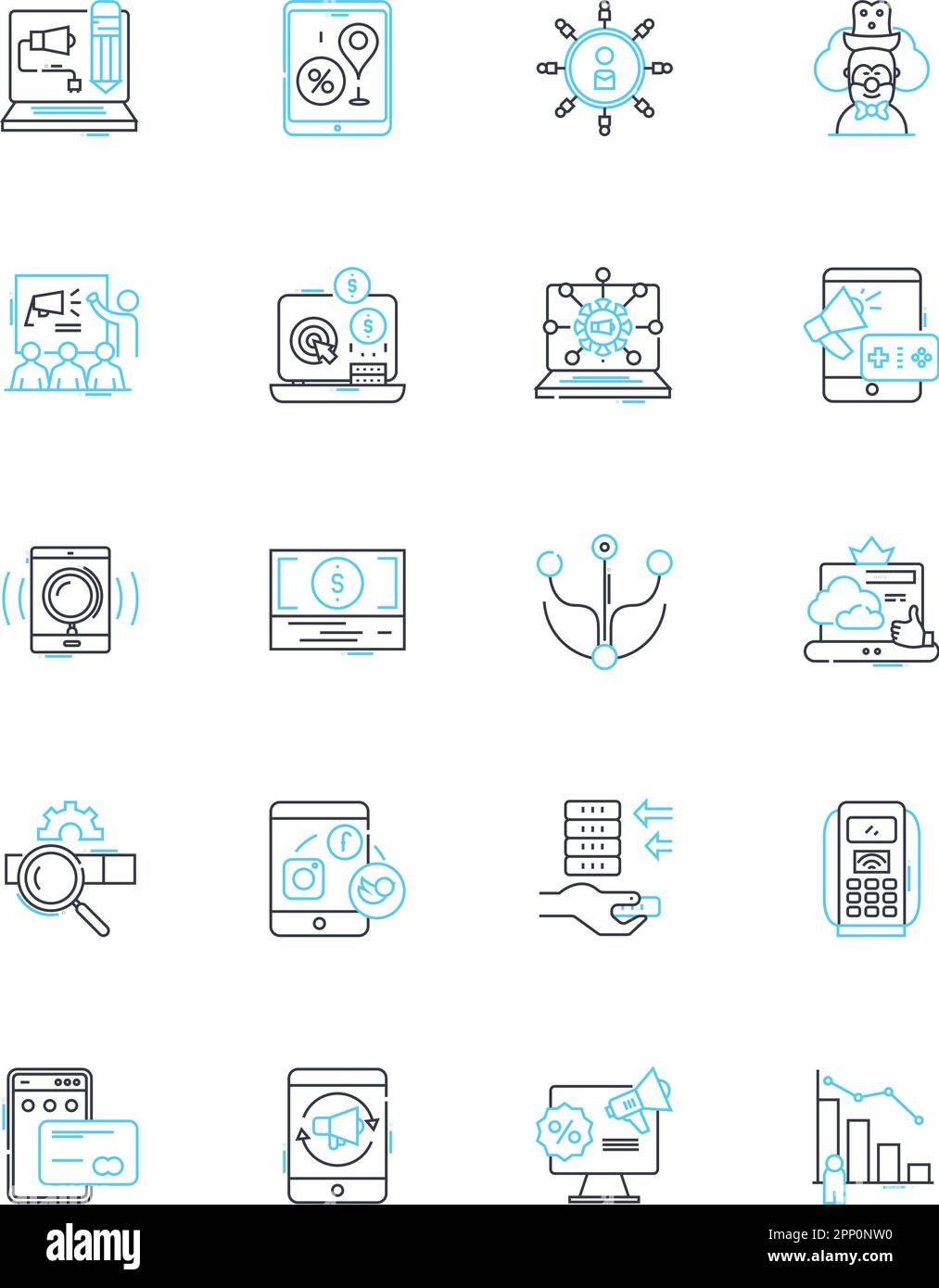 Ensemble d'icônes linéaires d'âge électroniques. Numérisation, automatisation, robotique, cybersécurité, Internet, Sans fil, algorithmes vecteur de ligne et signes de concept Illustration de Vecteur