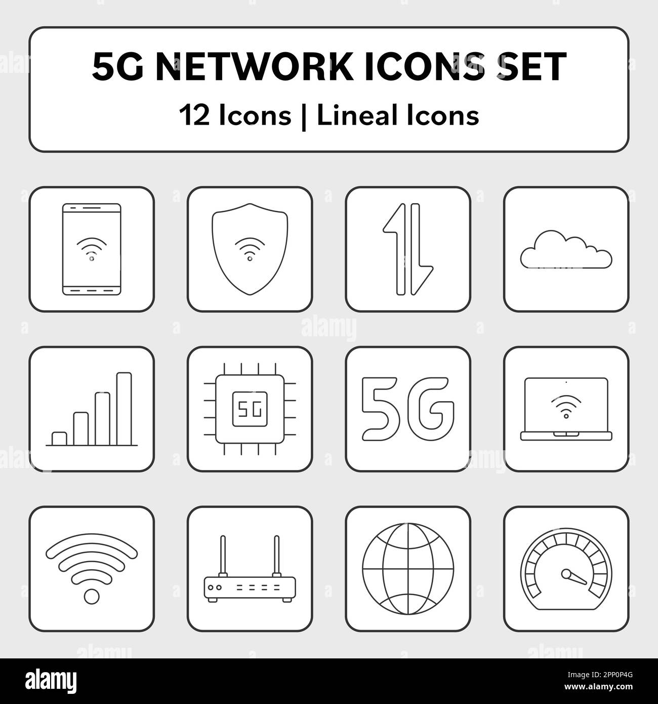 Ligne noire Illustration des icônes ou des symboles du réseau 5G 12 sur fond carré gris. Illustration de Vecteur