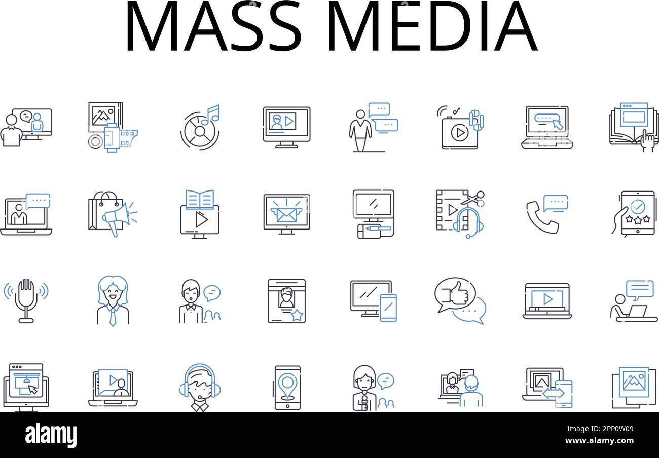 Collection d'icônes de ligne de média de masse. Médias sociaux, médias imprimés, médias numériques, médias visuels, médias de diffusion, Médias d'information, vecteur multimédia de divertissement et Illustration de Vecteur