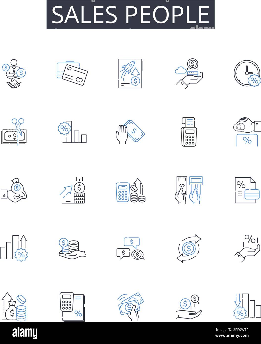 Collection d'icônes de la ligne du personnel des ventes. Représentants commerciaux, agents marketing, responsables clients, développeurs commerciaux, générateurs de revenus, Responsables de compte Illustration de Vecteur
