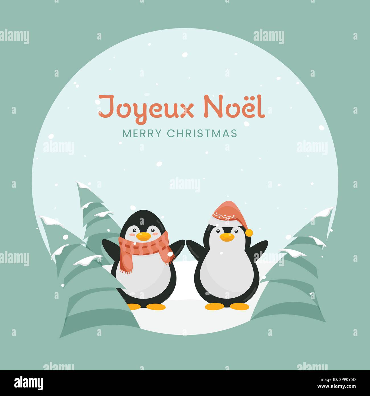 Joyeux Noël texte écrit en français avec le dessin animé les pingouins portent un chapeau de laine, une écharpe et un arbre de Noël sur fond de neige cyan. Illustration de Vecteur