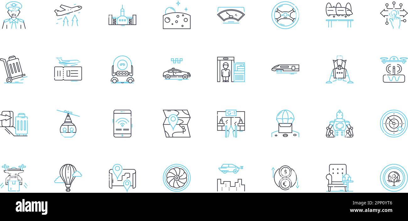 Ensemble d'icônes linéaires de transport aérien. Hélicoptère, avion, planeur, ballon, Zeppelin, Dr, vecteur de ligne de parapente et signes conceptuels. Jetpack, Blimp Illustration de Vecteur