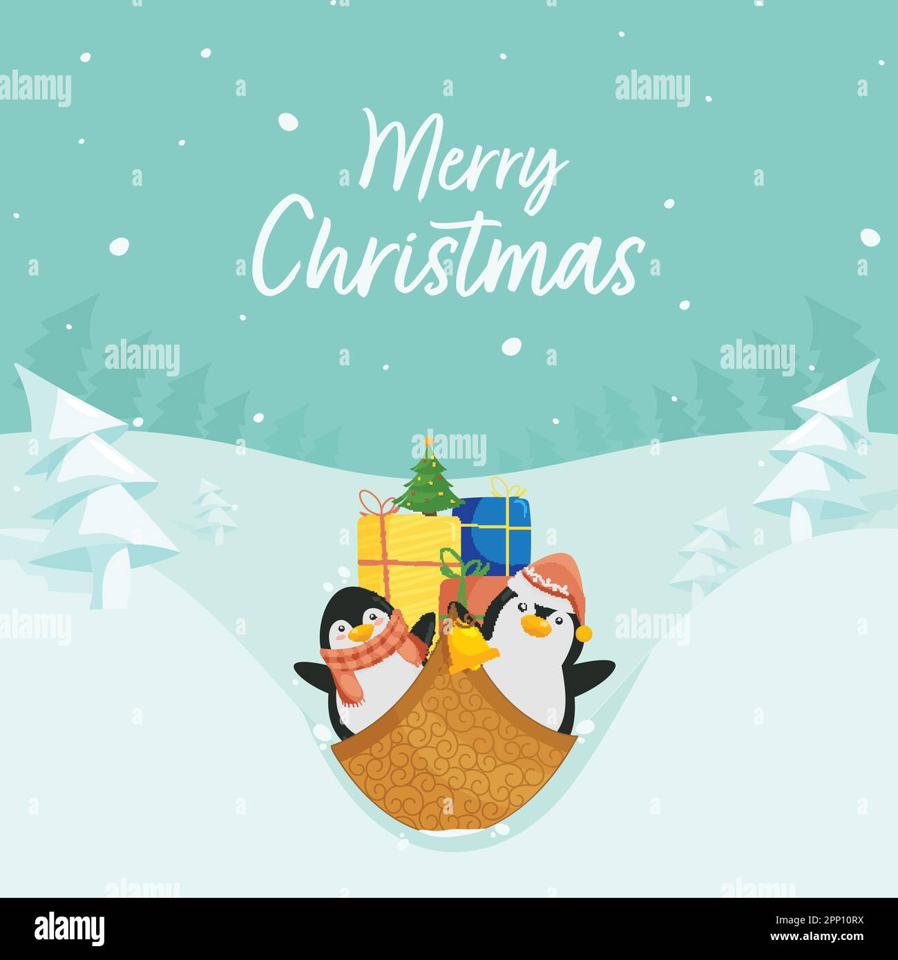 Joyeux Noël Celebration Poster Design avec le manchot de dessin animé Sledge, boîtes cadeaux sur le sapin de Noël cyan pastel et fond de neige. Illustration de Vecteur