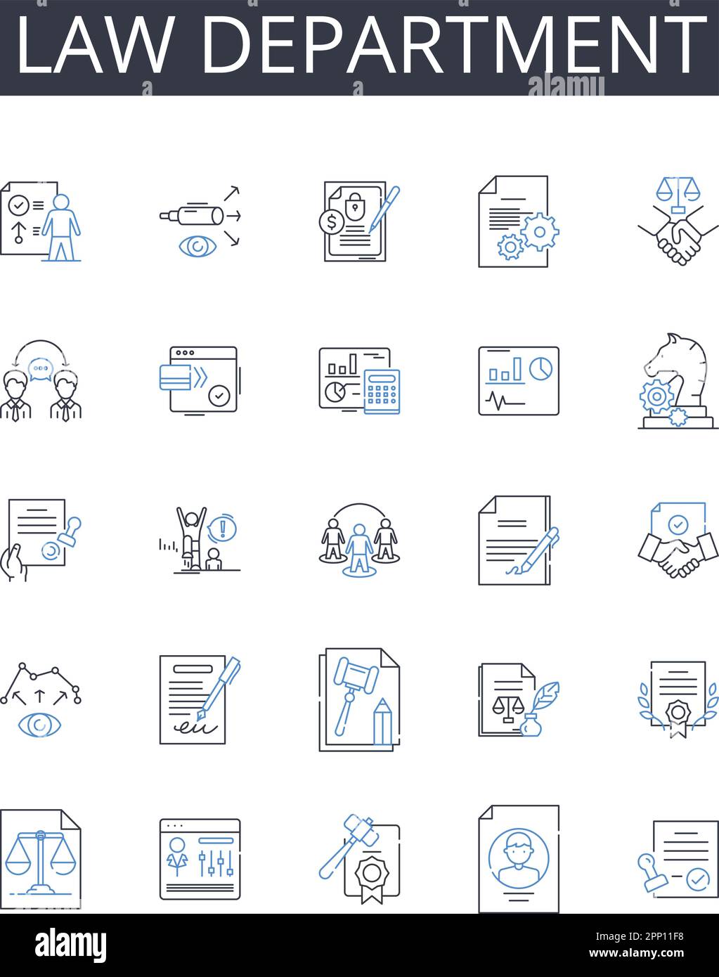 Collection d'icônes de ligne du service juridique. Centre de formation, aile de recherche, clinique de santé, bureau du Secrétariat, équipe de marketing, Direction des ventes, Human Illustration de Vecteur