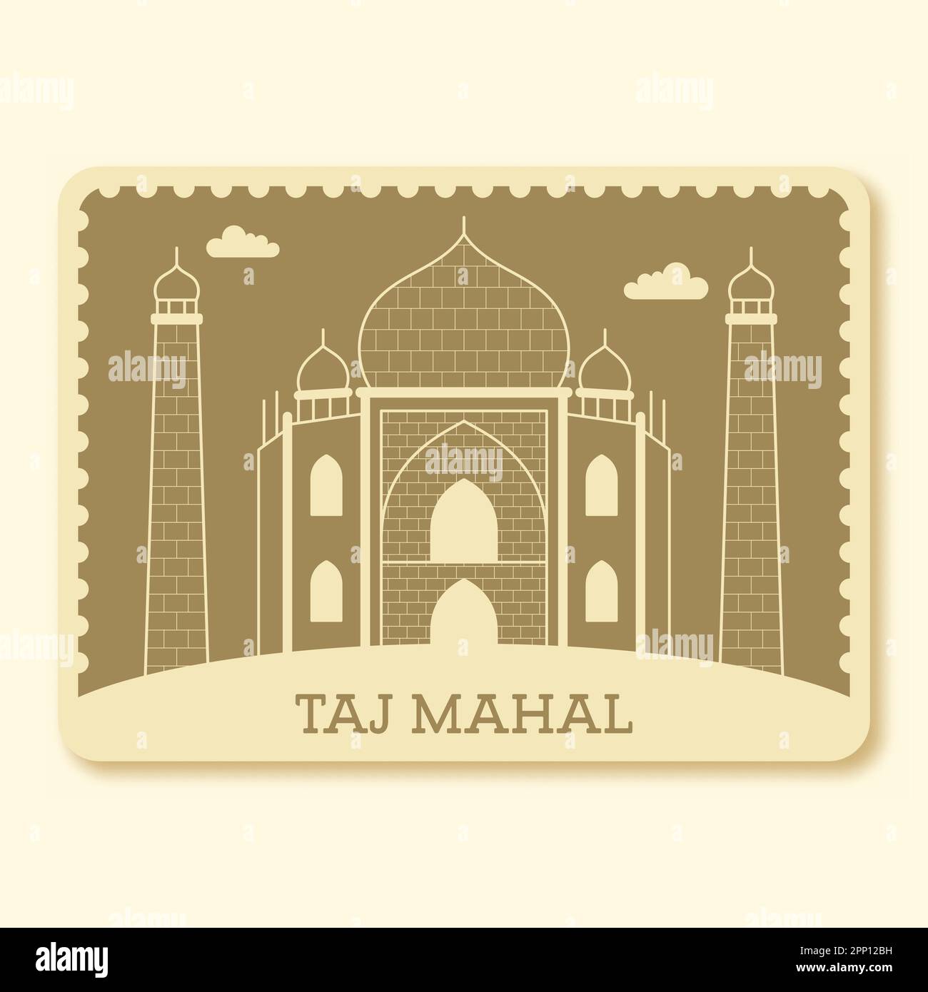 Timbre Taj Mahal ou affiche en couleur olive et beige d'écru. Illustration de Vecteur
