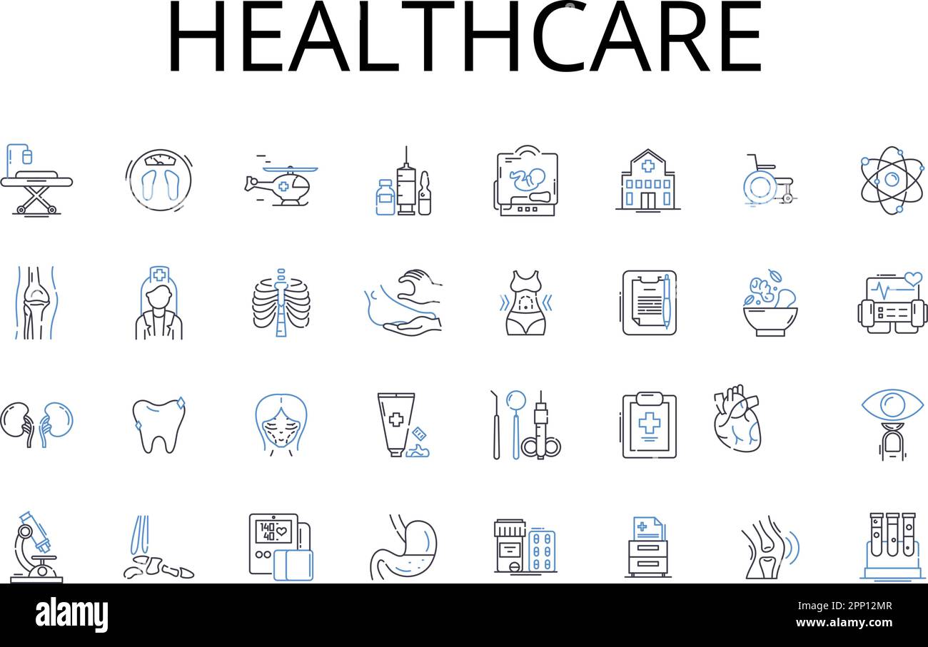 Collection d'icônes de ligne de soins de santé. Services médicaux, services de santé, soins cliniques, options de traitement, gestion de la santé, Programmes de bien-être Illustration de Vecteur