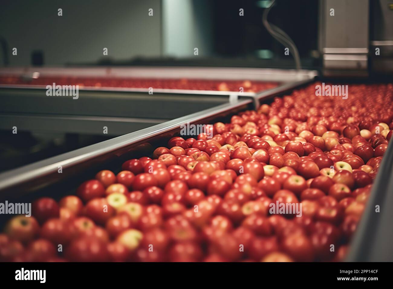 Pommes dans une usine de transformation des aliments, propres et fraîches, prêtes pour l'emballage automatisé. Concept pour une entreprise alimentaire saine avec fabrication automatisée de Banque D'Images