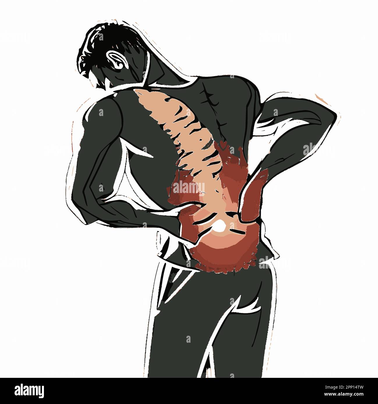 Homme souffrant de douleurs soudaines de dos, touchant le bas du dos, bas du dos image vecteur d'inflammation. Illustration de Vecteur