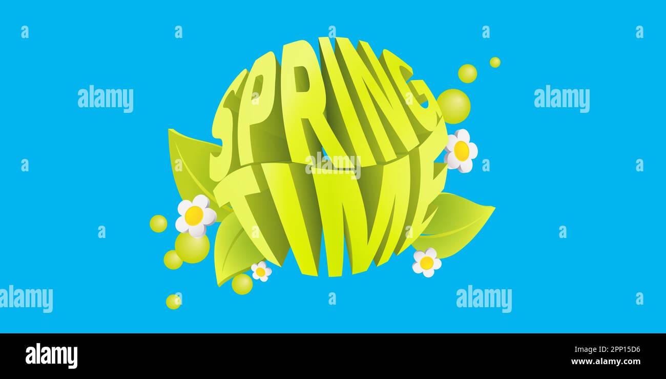 Bannière de conception de bulles et de feuilles de printemps - couleurs fraîches et thème bleu ciel Banque D'Images