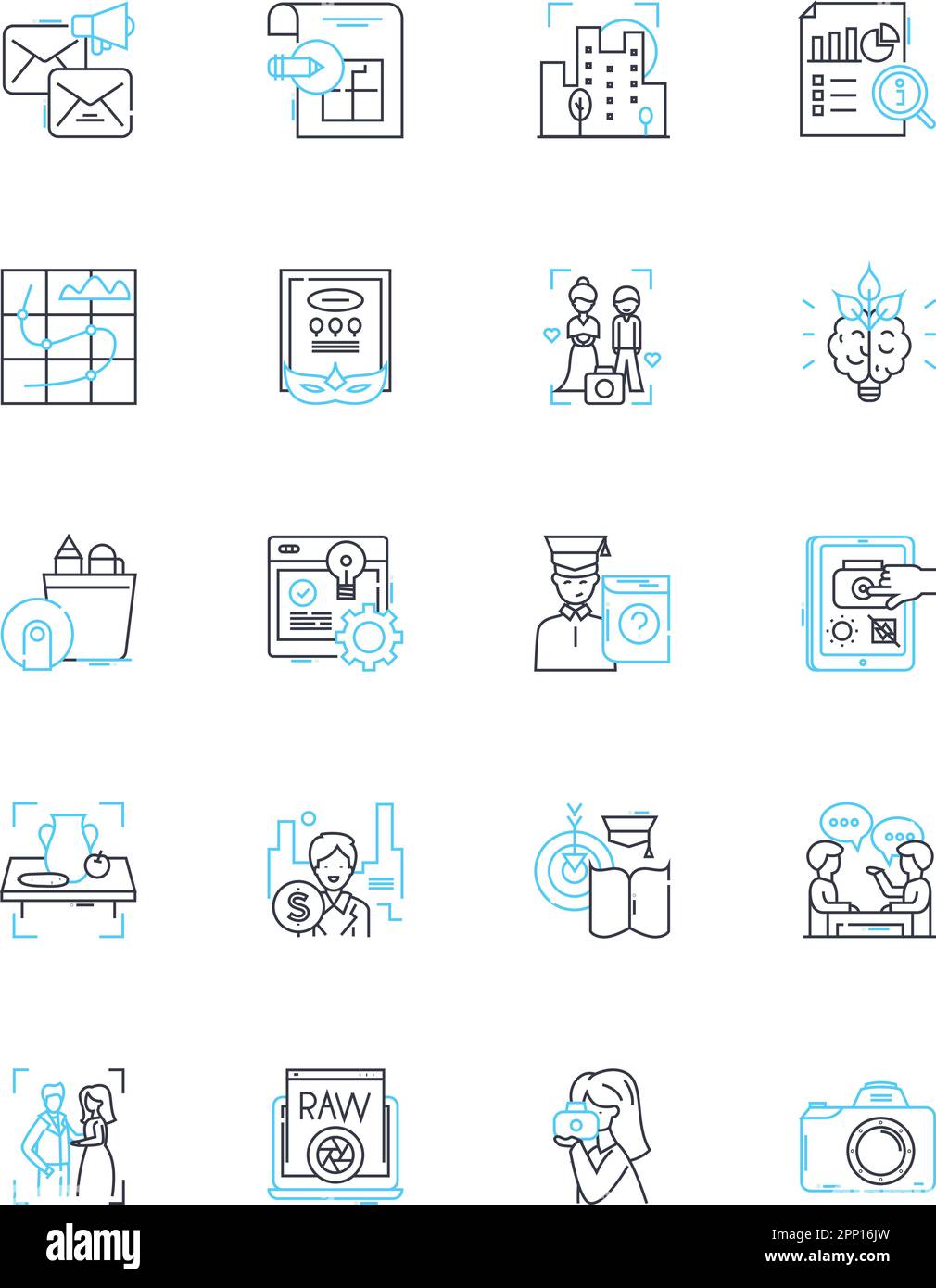 Les médias sociaux et les icônes linéaires de nerking ensemble. Connexions, communication, engagement, collaboration, J'aime, Partage, vecteur de ligne de suiveurs et concept Illustration de Vecteur
