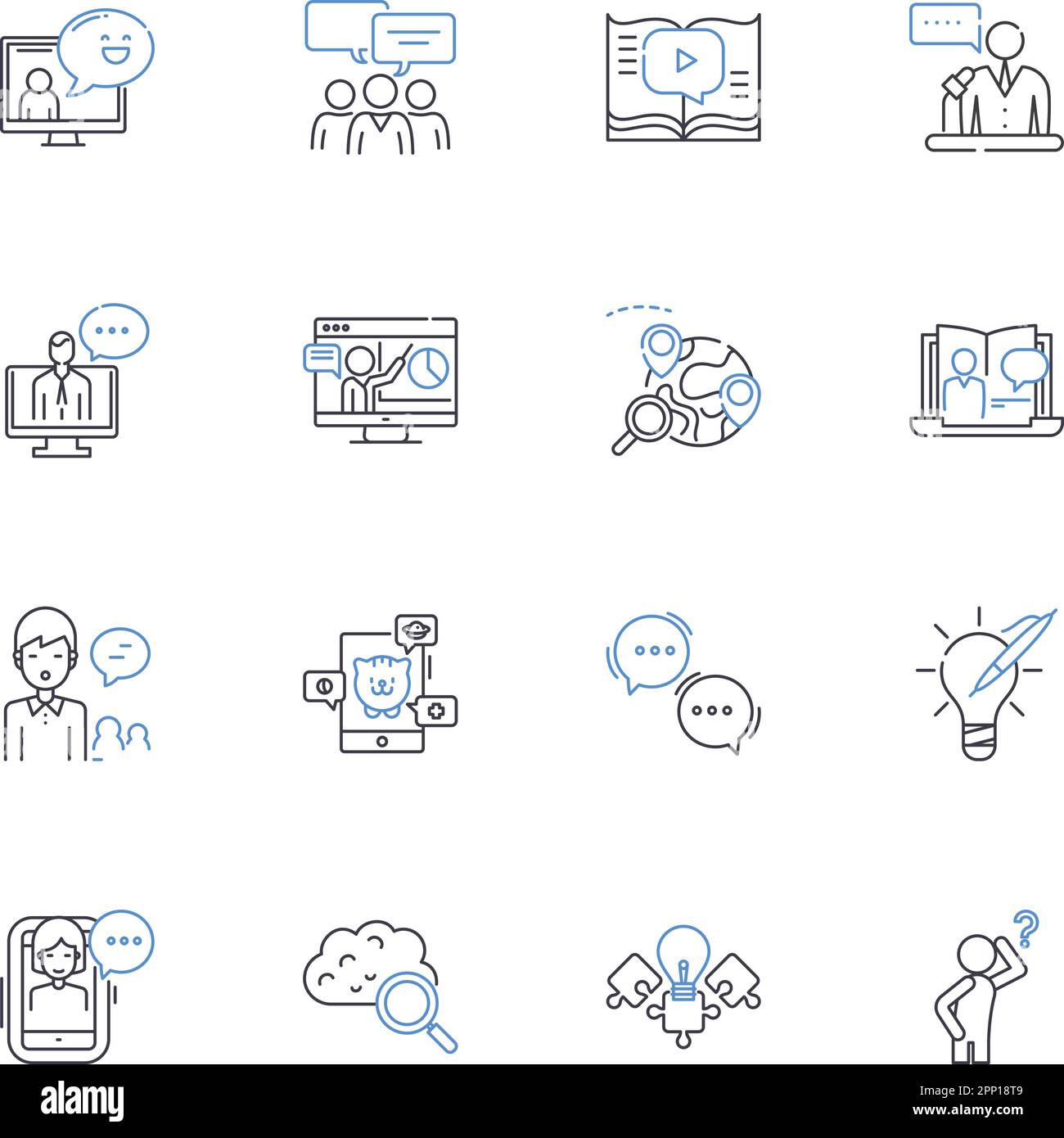 Scruter et répondre à la collection d'icônes de ligne. Enquêter, examiner, analyser, inspecter, évaluer, Critique, vecteur de question et illustration linéaire Illustration de Vecteur