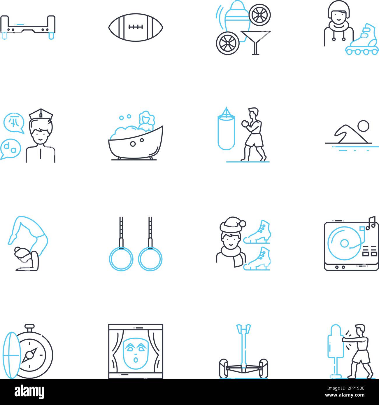 Jeu de symboles linéaires amusants. Carrousel, grande roue, montagnes russes, Funhouse, autos tamponneuses, Bonbons-soie, vecteur de ligne de Popcorn et signes de concept. Jeux Illustration de Vecteur