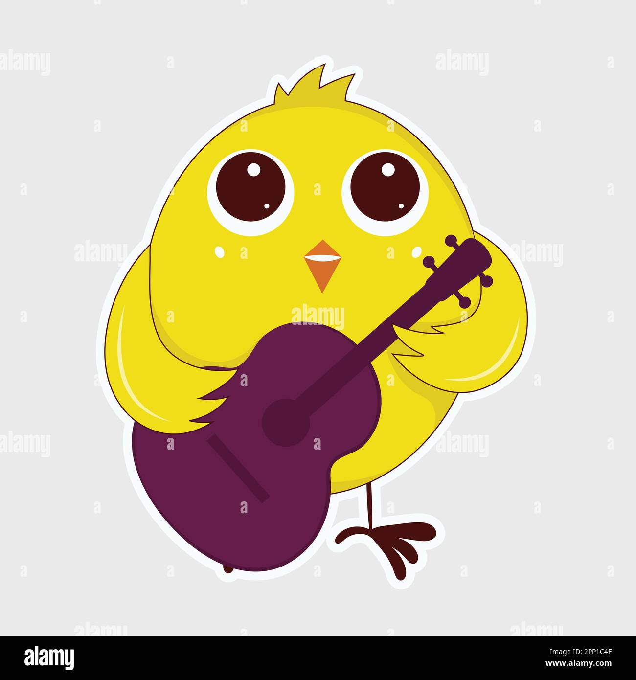 Mignon oiseau jouant de la guitare sur fond gris. Illustration de Vecteur