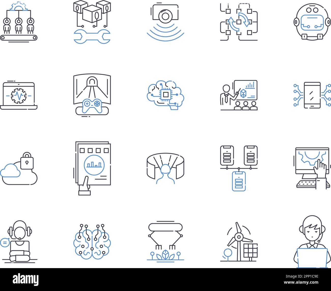 Collection d'icônes de ligne d'assistant virtuel. Efficacité, productivité, organisation, support, assistance, Gestion, vecteur d'automatisation et linéaire Illustration de Vecteur
