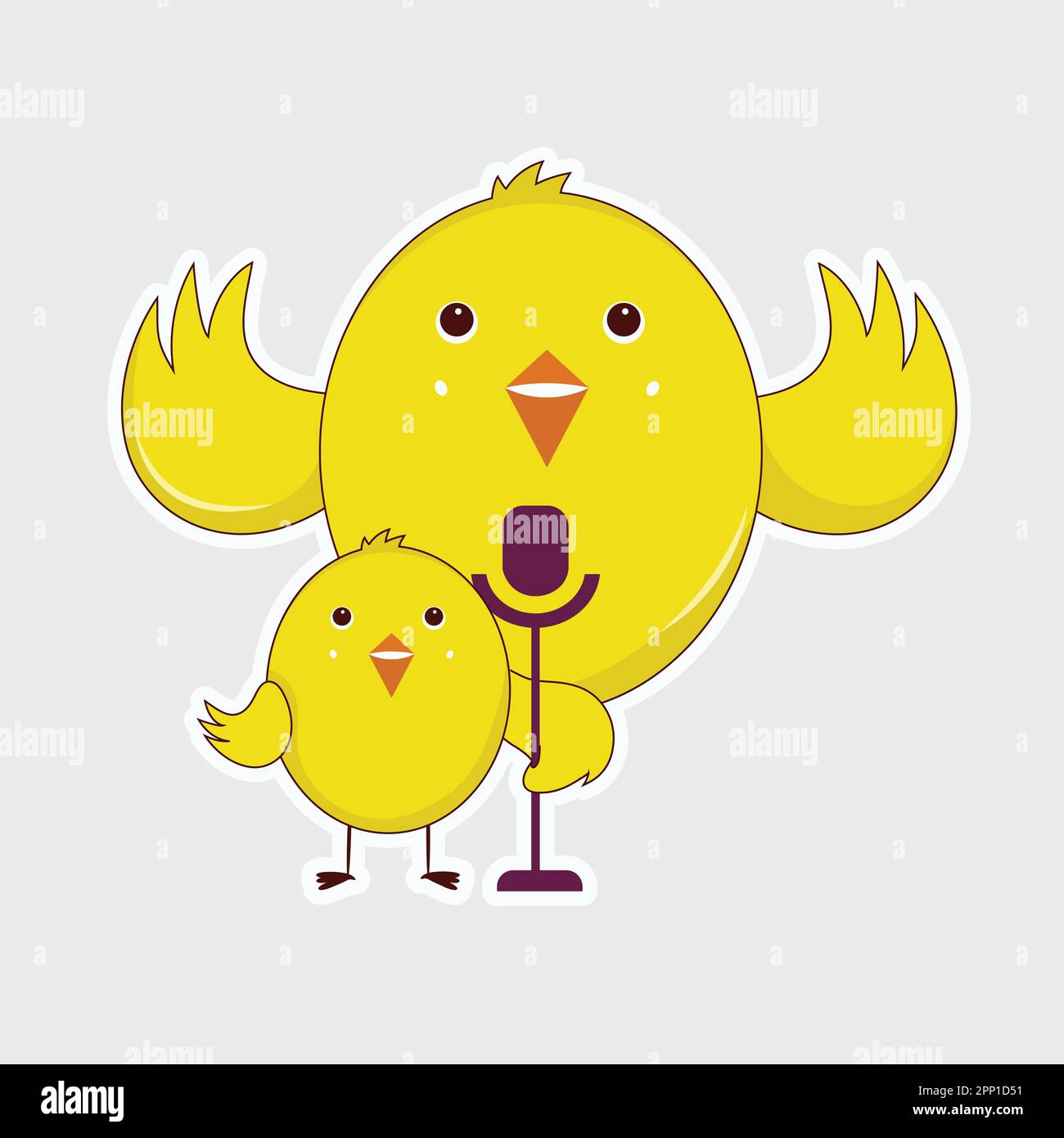 Autocollant de type oiseau jaune couple avec microphone sur fond gris. Illustration de Vecteur