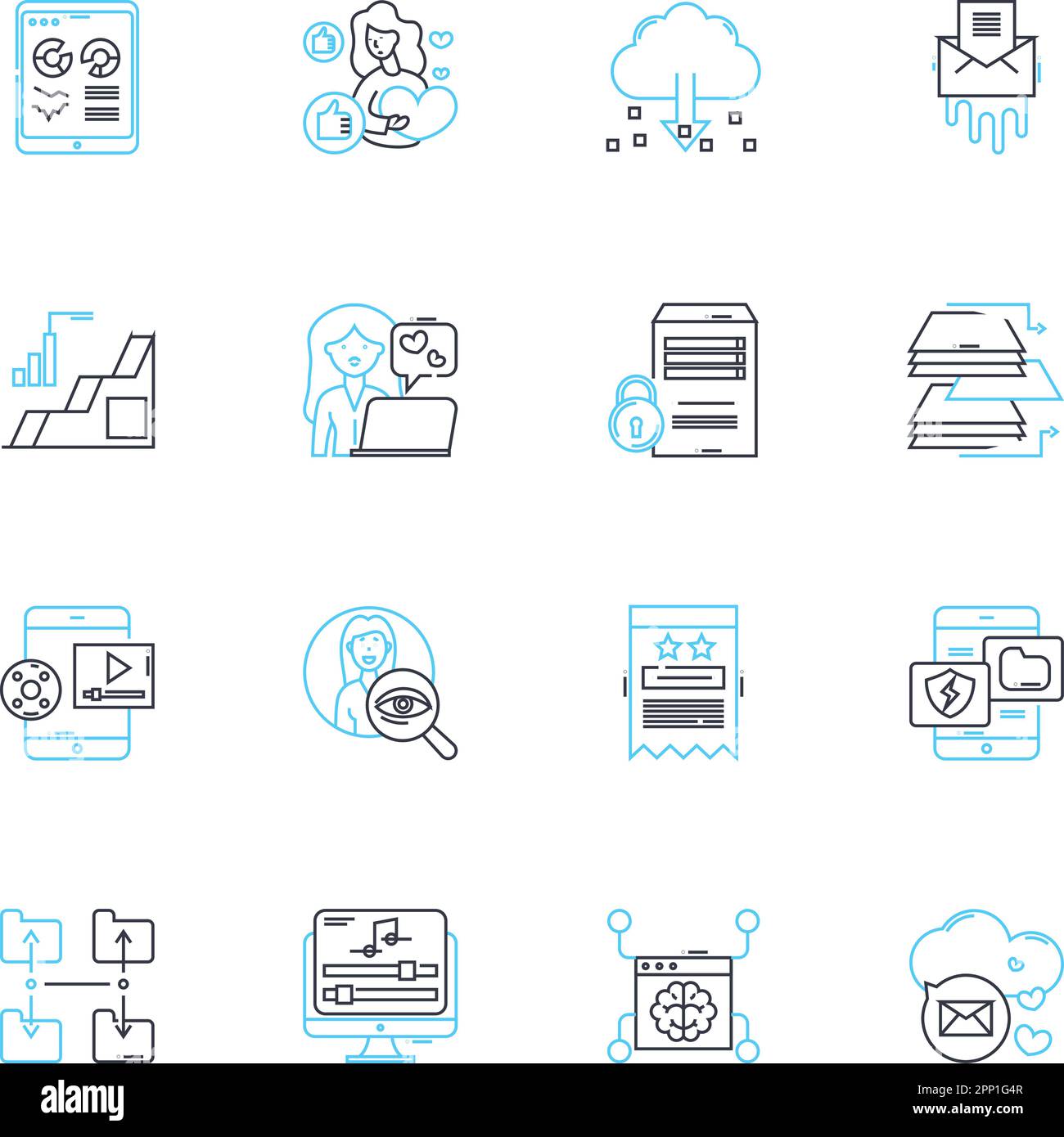 Jeu d'icônes linéaires de marketing numérique. SEO, Analytics, PPC, AdWords, contenu, Médias sociaux, vecteur de ligne de marquage et signes conceptuels. E-mail,Mobile Illustration de Vecteur