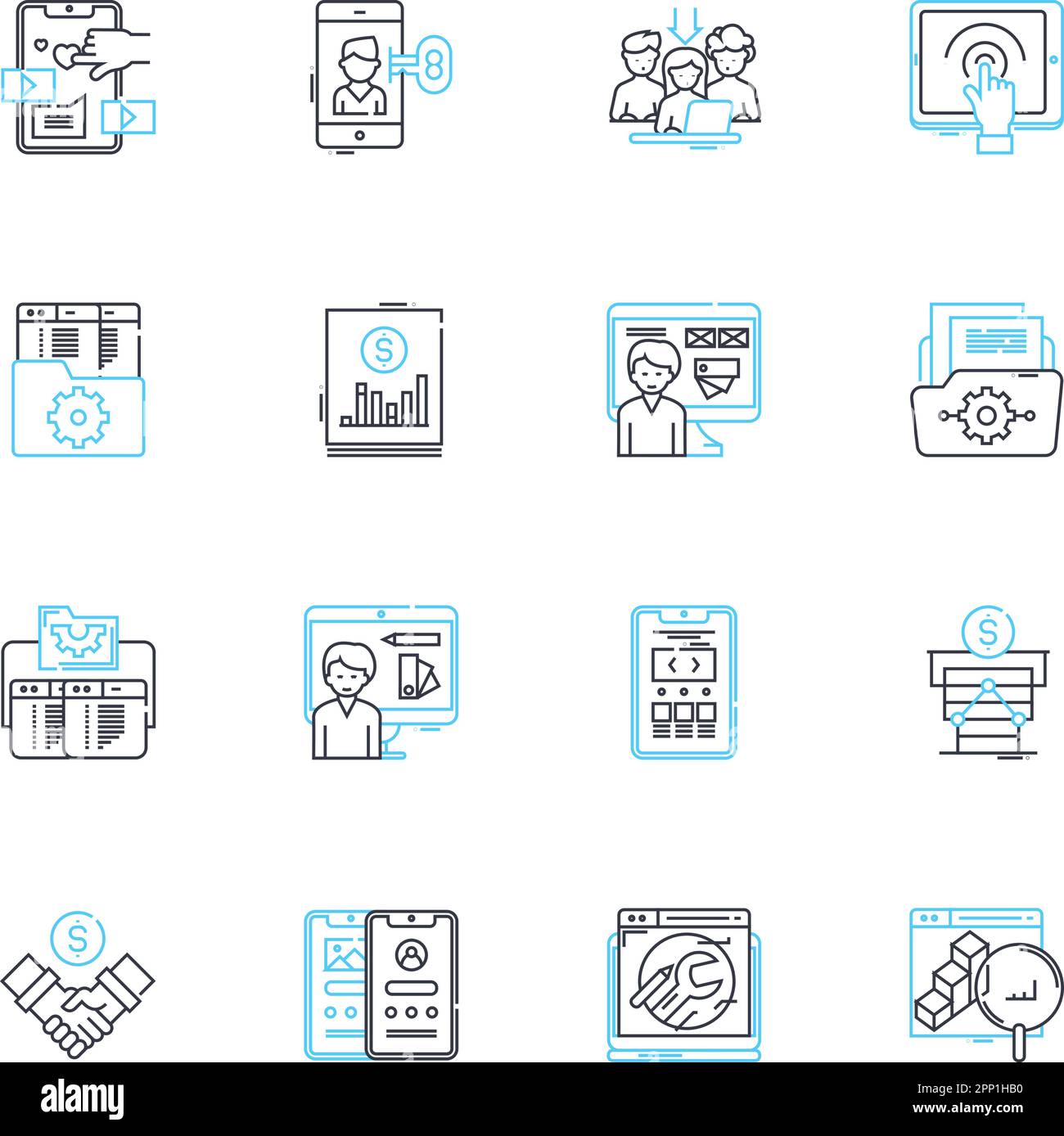 Ensemble d'icônes linéaires de développement mobile. Android, iOS, Cross-Platform, Swift, Kotlin, Flutter, vecteur de ligne ReactNative et signes de concept. Xamarin, PhGap Illustration de Vecteur