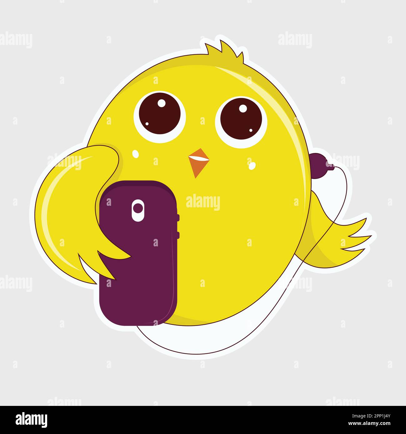 Sticker style adorable oiseau jaune écouteurs porter avec smartphone sur fond gris. Illustration de Vecteur