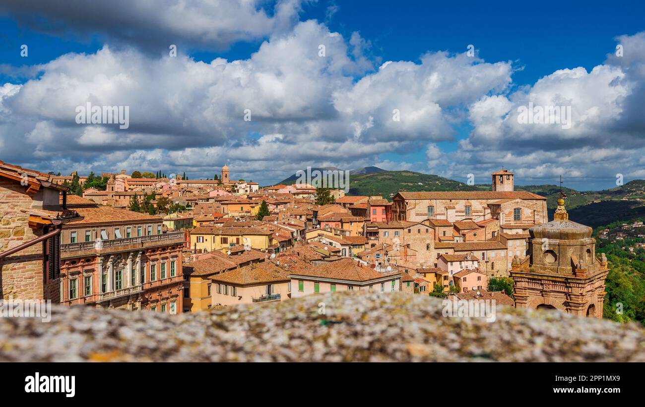 Vue panoramique sur le centre historique de Pérouse depuis l'escalier Porta Sole Banque D'Images