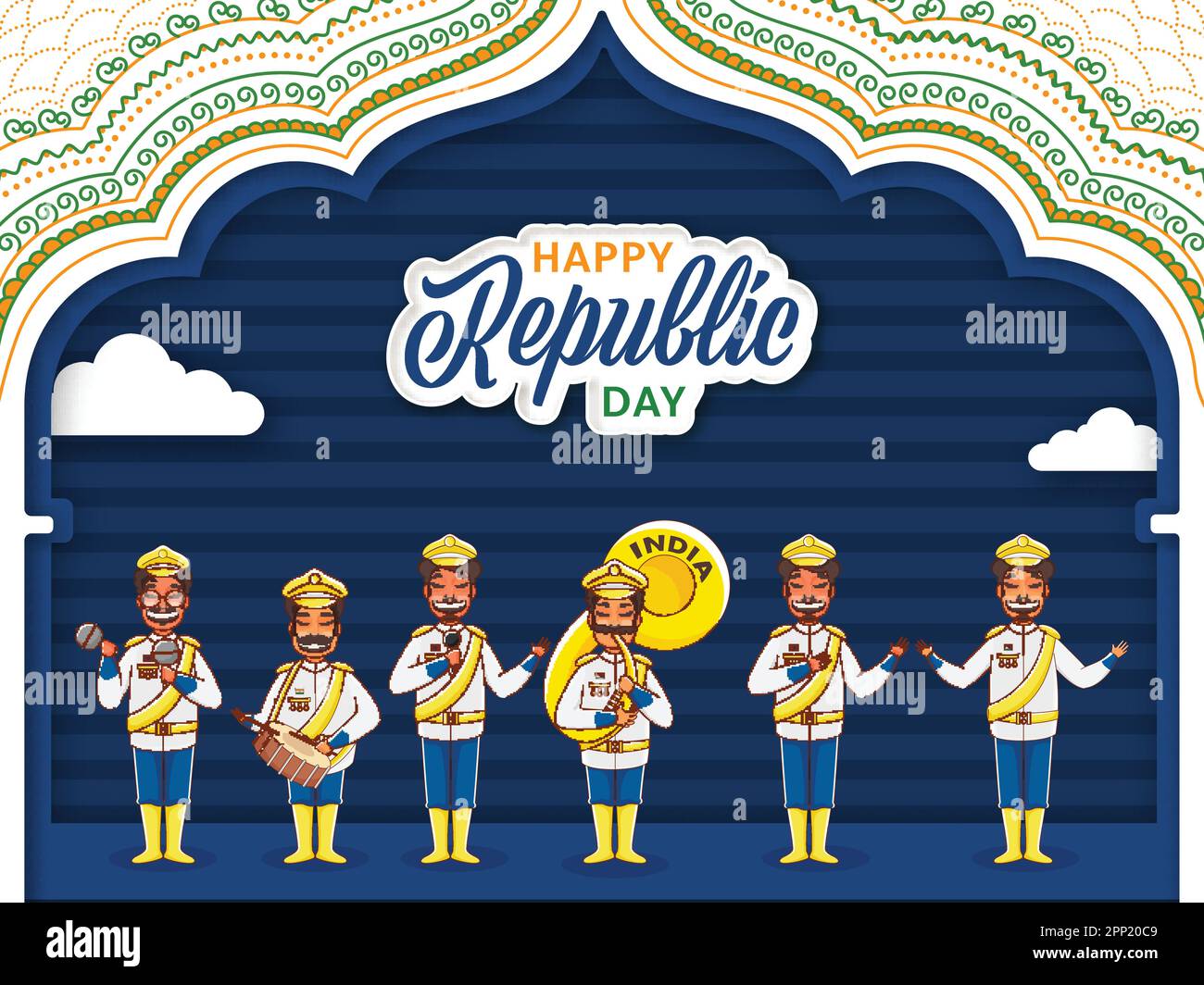 Autocollant style Happy Republic Day font avec les soldats indiens Parade par divers instruments de musique sur fond bleu et beige Arch forme. Illustration de Vecteur