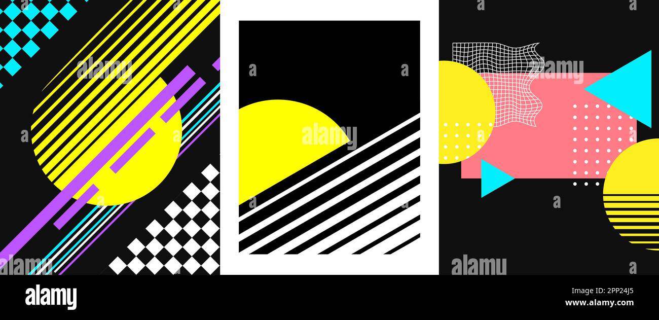 ensemble d'affiches des années 80. Collection d'illustrations abstraites de style rétro. Motifs graphiques vintage pour dépliants, projets d'impression. Maquettes vectorielles Illustration de Vecteur