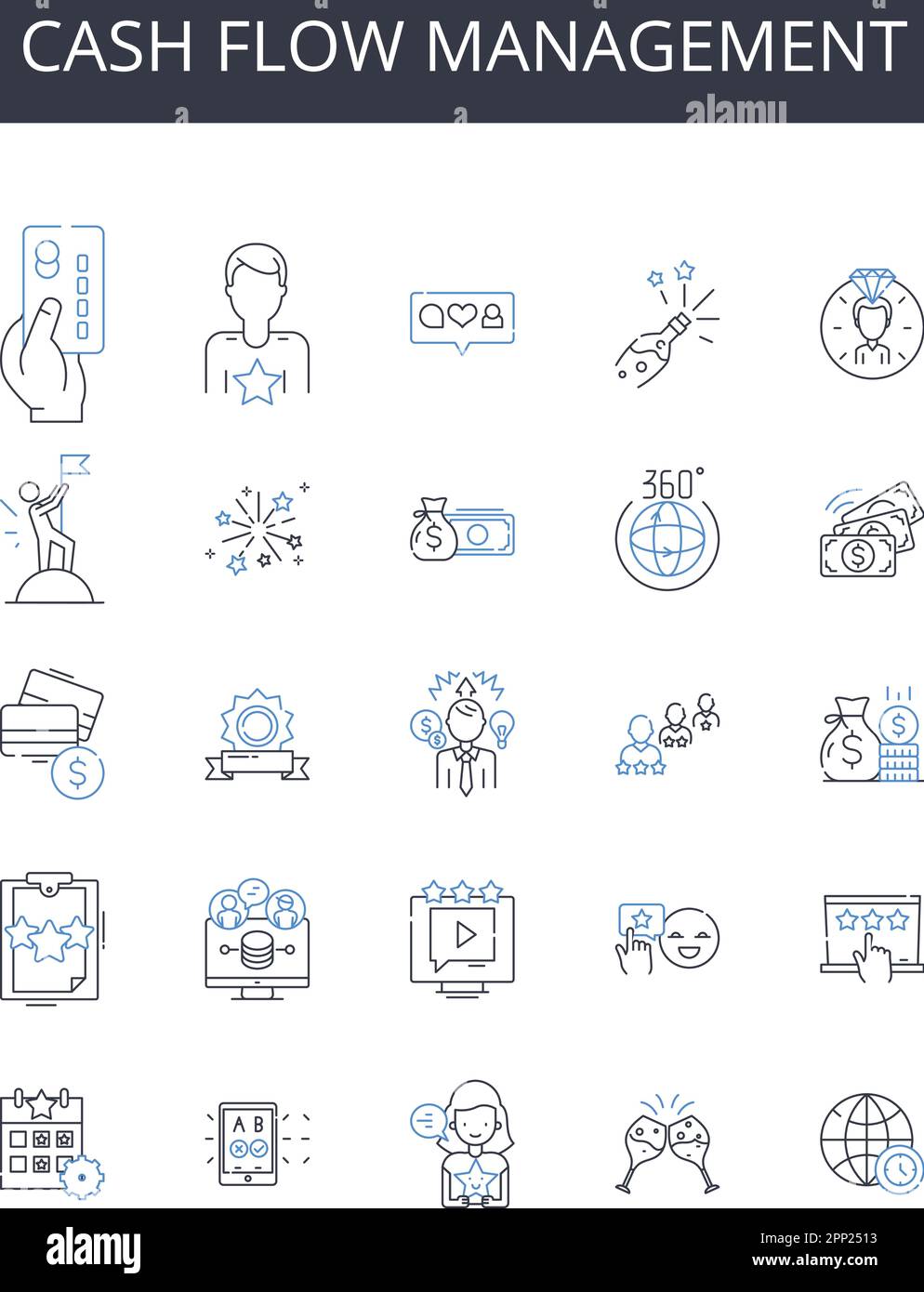 Collection d'icônes de ligne de gestion de flux de trésorerie. Prévision des recettes, optimisation des bénéfices, budgétisation des dépenses, planification financière, évaluation des actifs Illustration de Vecteur