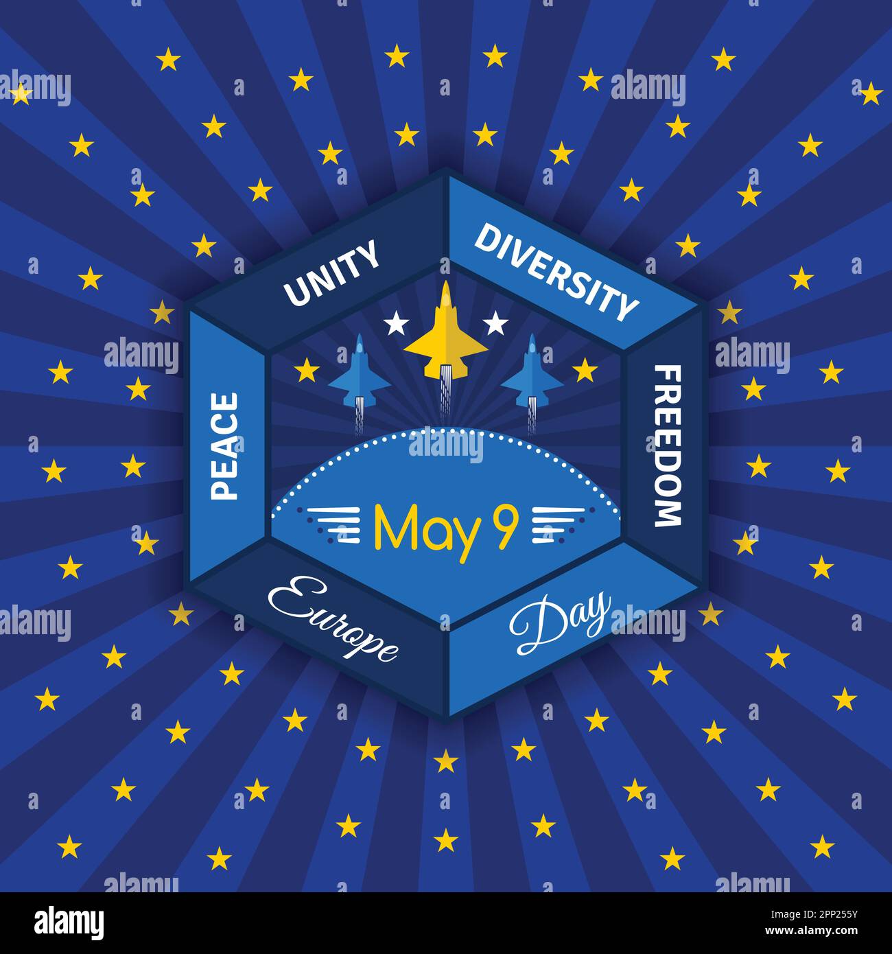 Illustration du vecteur de l'affiche carrée de la fête de l'Europe. Journée Europa 9 mai célébration de l'Union européenne. Paix, unité, diversité, liberté. Drapeau thème bannière Illustration de Vecteur