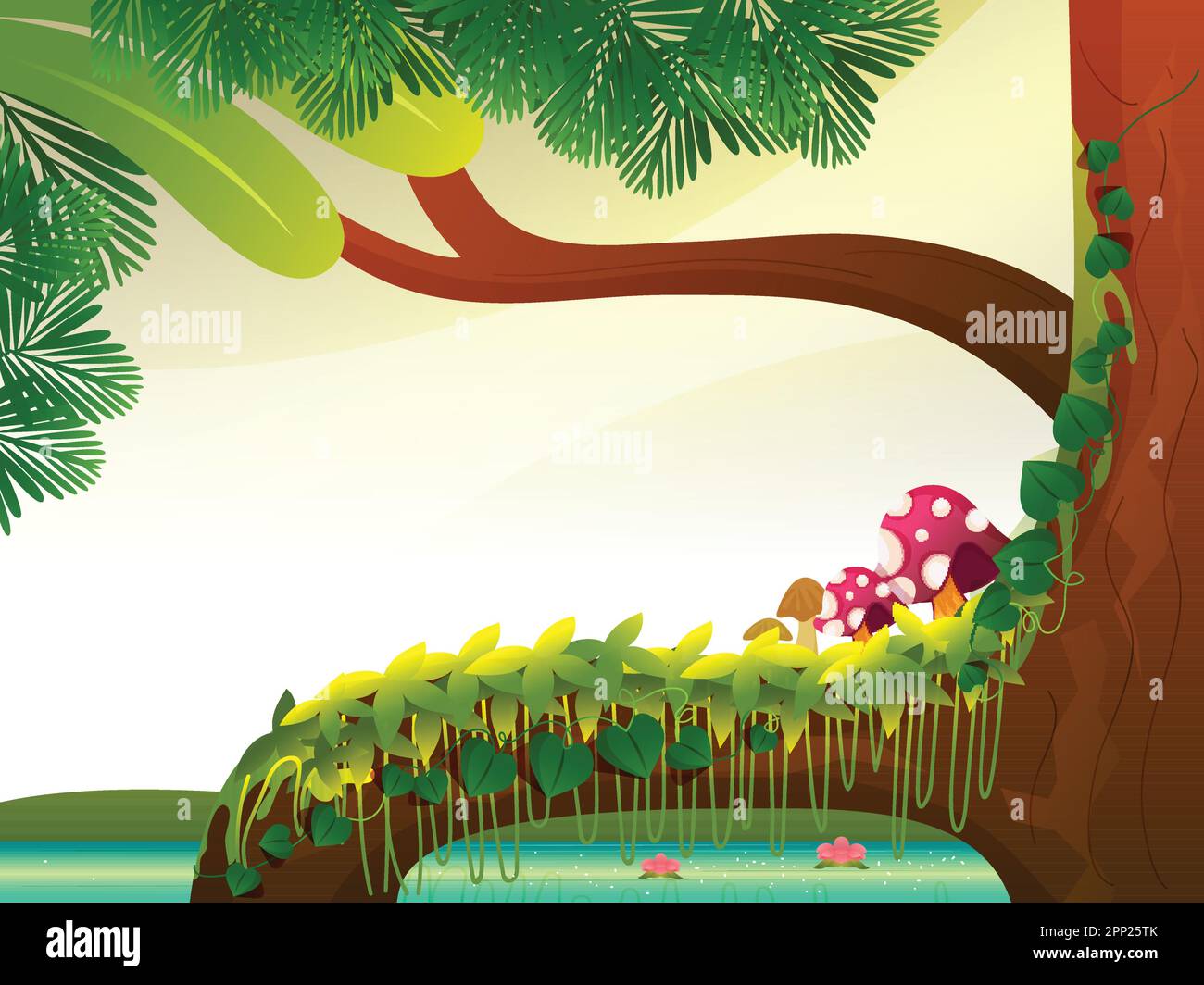 Arrière-plan de la forêt enchantée avec arbre décoré par Vine, Mushroom. Illustration de Vecteur