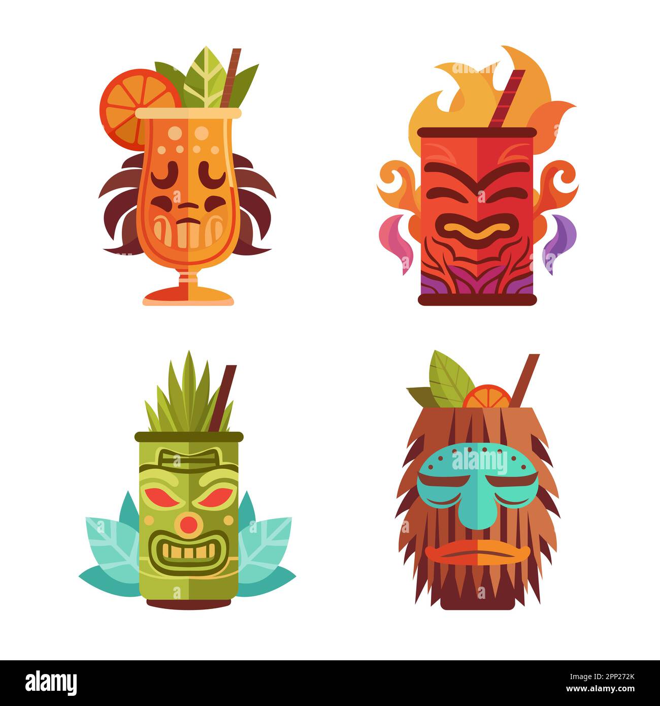 Bar Tiki avec cocktails exotiques dans une tasse avec masque Tiki. Éléments traditionnels hawaïens. Isolé sur fond blanc. Style de dessin animé vectoriel Illustration de Vecteur