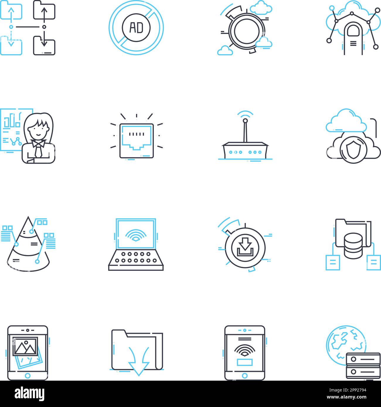 Ensemble d'icônes linéaires de connexion Internet. Sans fil, Ethernet, large bande, modem, routeur, Pare-feu, vecteur de ligne de signal et panneaux de concept. Câble, satellite Illustration de Vecteur