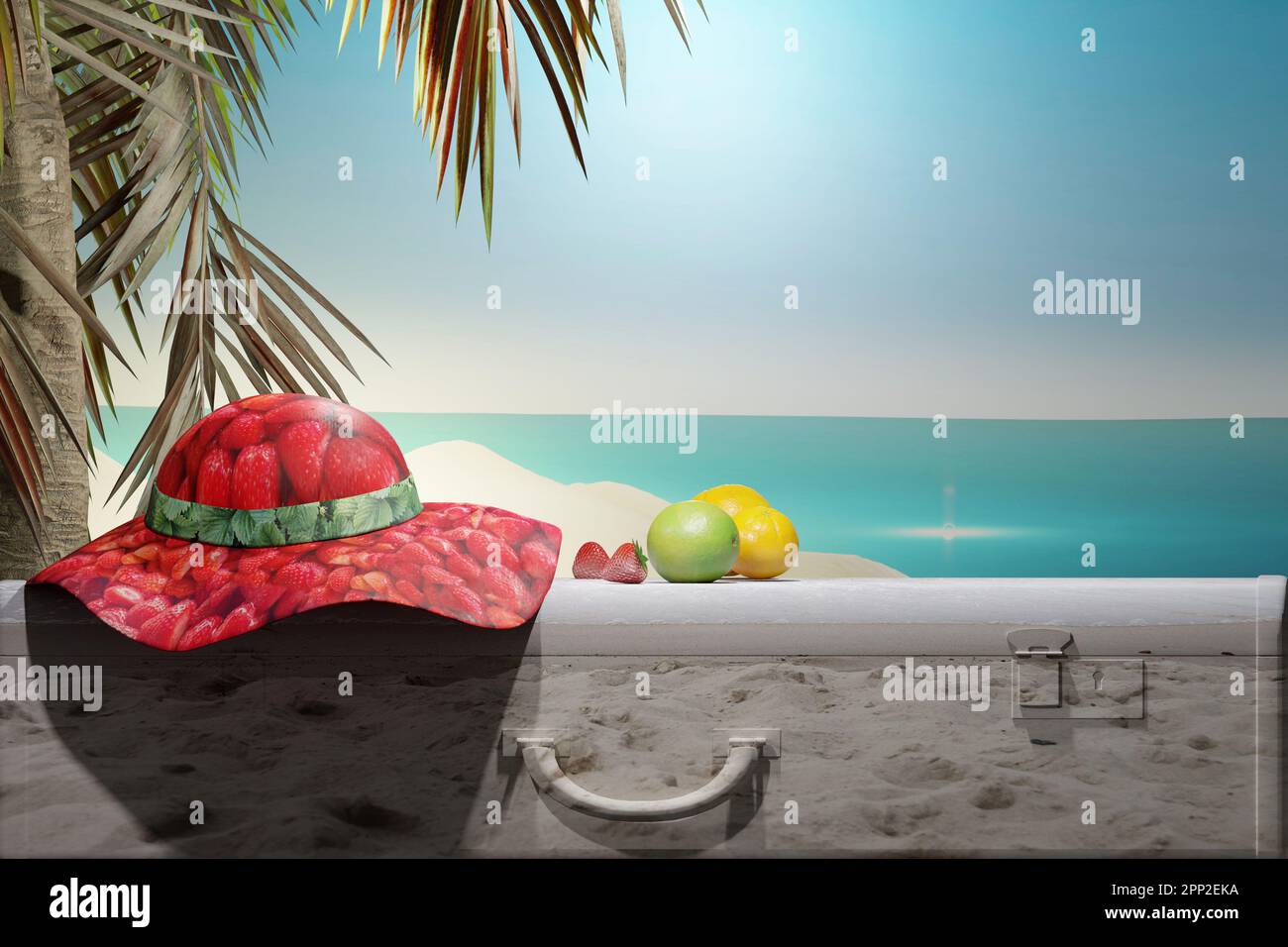 Arrière-plan des vacances. Plage tropicale avec horizon marin, valise de voyage avec chapeau de fraise, palmier et fruits exotiques. Banque D'Images