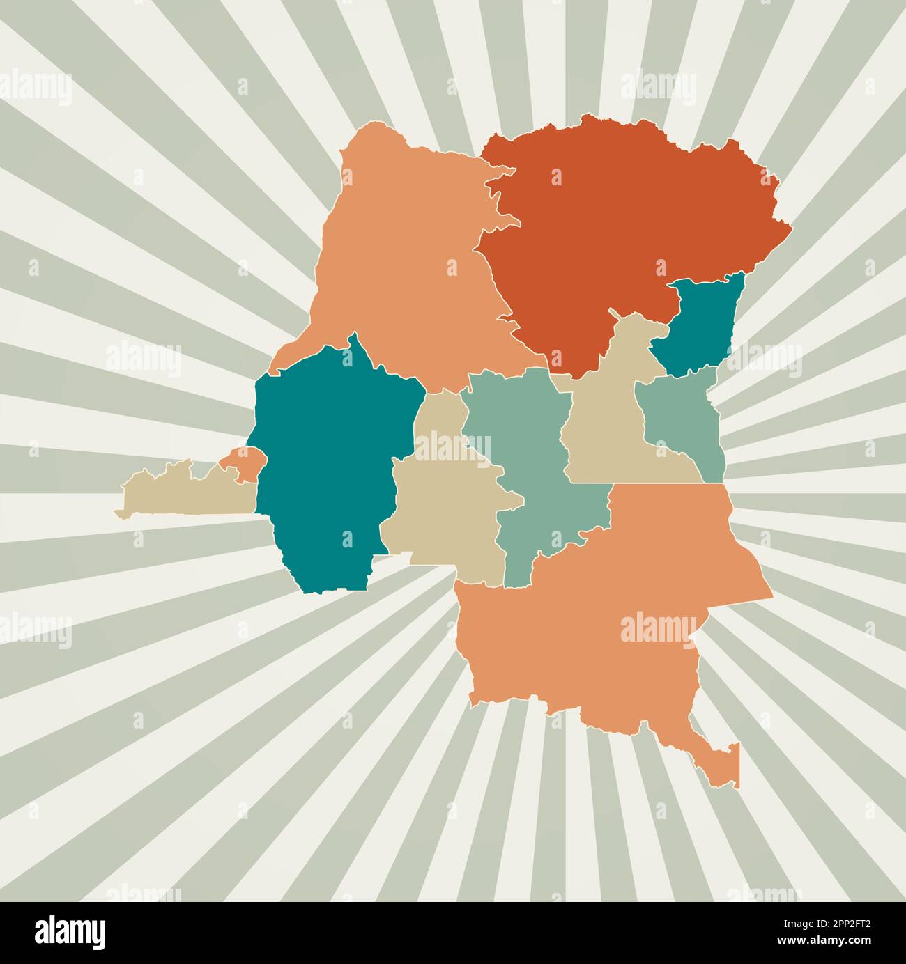 Carte RD Congo. Affiche avec carte du pays dans une palette de couleurs rétro. Forme de RD Congo avec arrière-plan rayons de soleil. Illustration vectorielle. Illustration de Vecteur