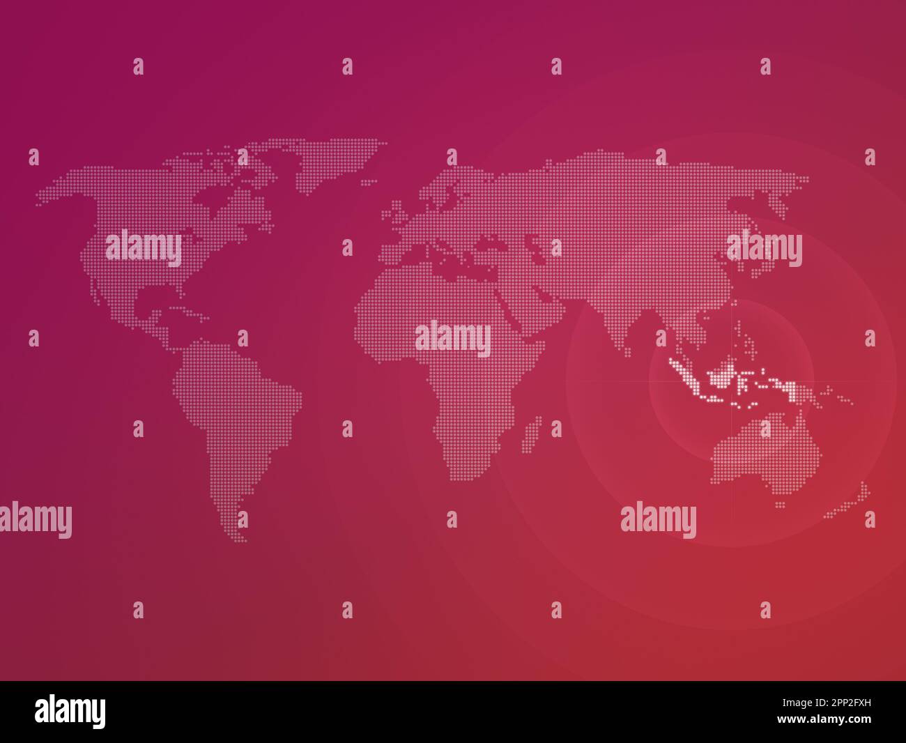 Carte du monde en demi-teinte avec le pays de l'Indonésie mis en évidence. Carte du monde moderne et propre sur fond de dégradé de couleur rouge à violet. Banque D'Images