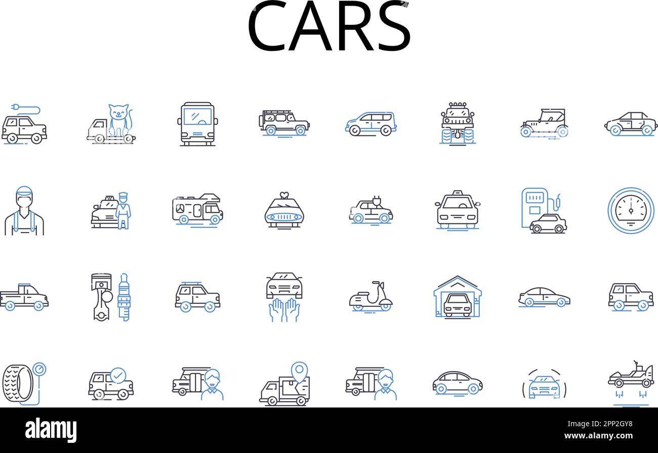Collection d'icônes de la gamme de voitures. Bateaux, fourgonnettes, avions, camions, cycles, Bus, wagons vecteur et illustration linéaire. Jeeps, traîneaux, aéroglisseurs contours des signes Illustration de Vecteur