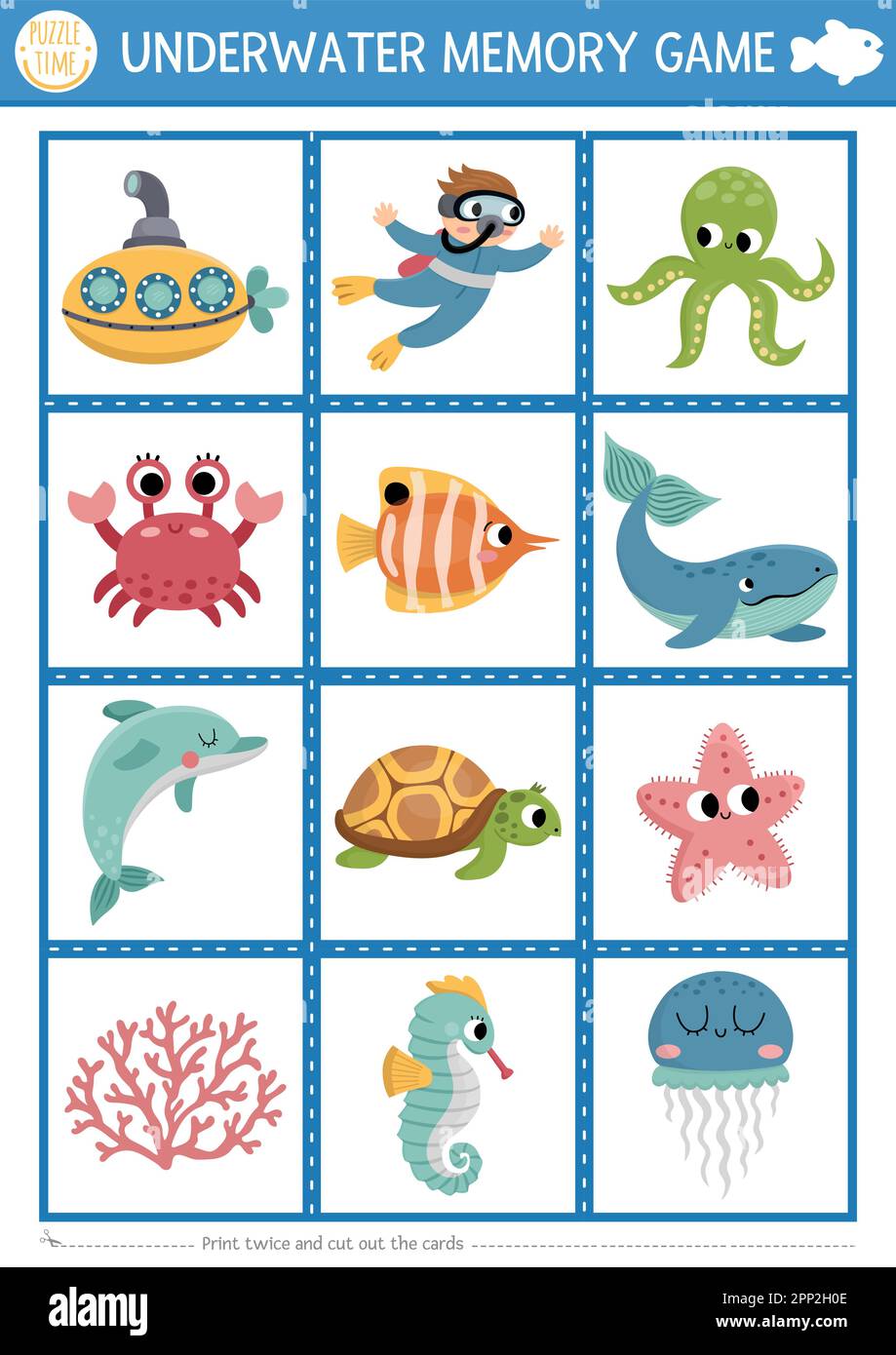 Cartes de jeu de mémoire Vector Under the Sea avec de mignons pieuvres,  poissons, sous-marins, dauphins. Activité de mise en correspondance Ocean  Life. Rappelez-vous et trouvez la carte correcte. Simp Image Vectorielle