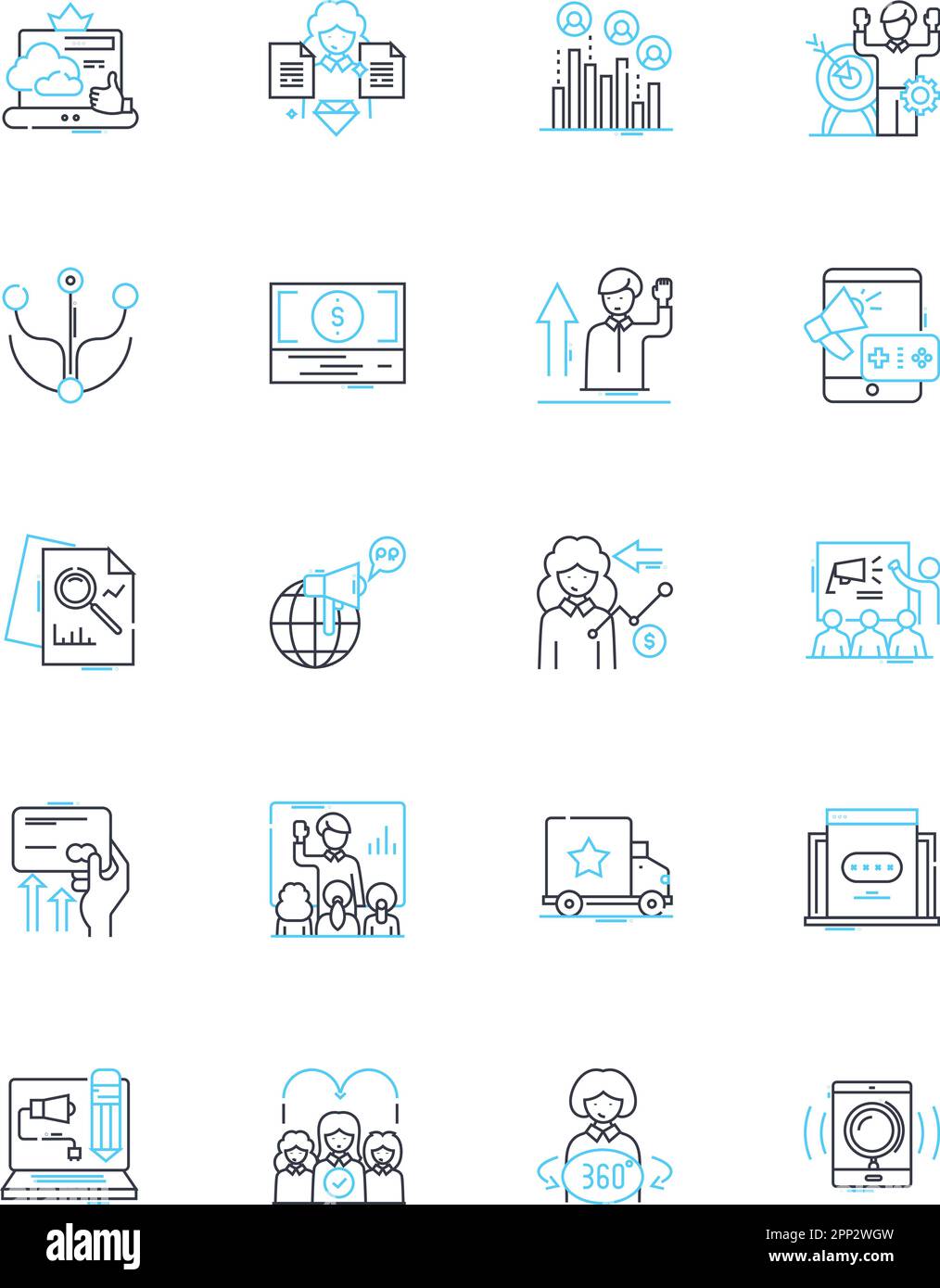 Ensemble d'icônes linéaires de création de contenu. Blogging, rédaction, édition, conception, publication, SEO, vecteur de ligne de médias sociaux et signes de concept. Graphiques,vidéo Illustration de Vecteur