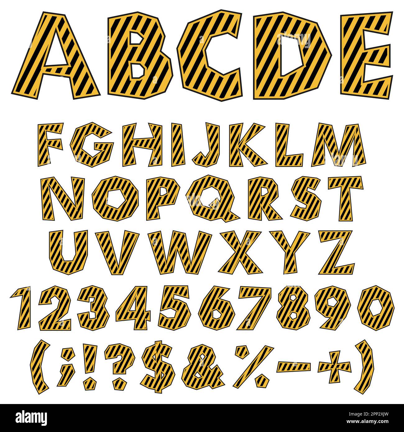 Alphabet, chiffres et signes de couleur hachés avec marquages d'avertissement. Objets vectoriels isolés sur fond blanc. Illustration de Vecteur