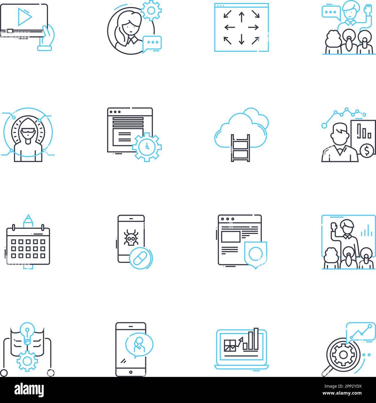 Ensemble d'icônes linéaires de marketing de contenu. Stratégie, marquage, engagement, optimisation, créativité, Narration, vecteur de ligne de conversion et signes de concept Illustration de Vecteur