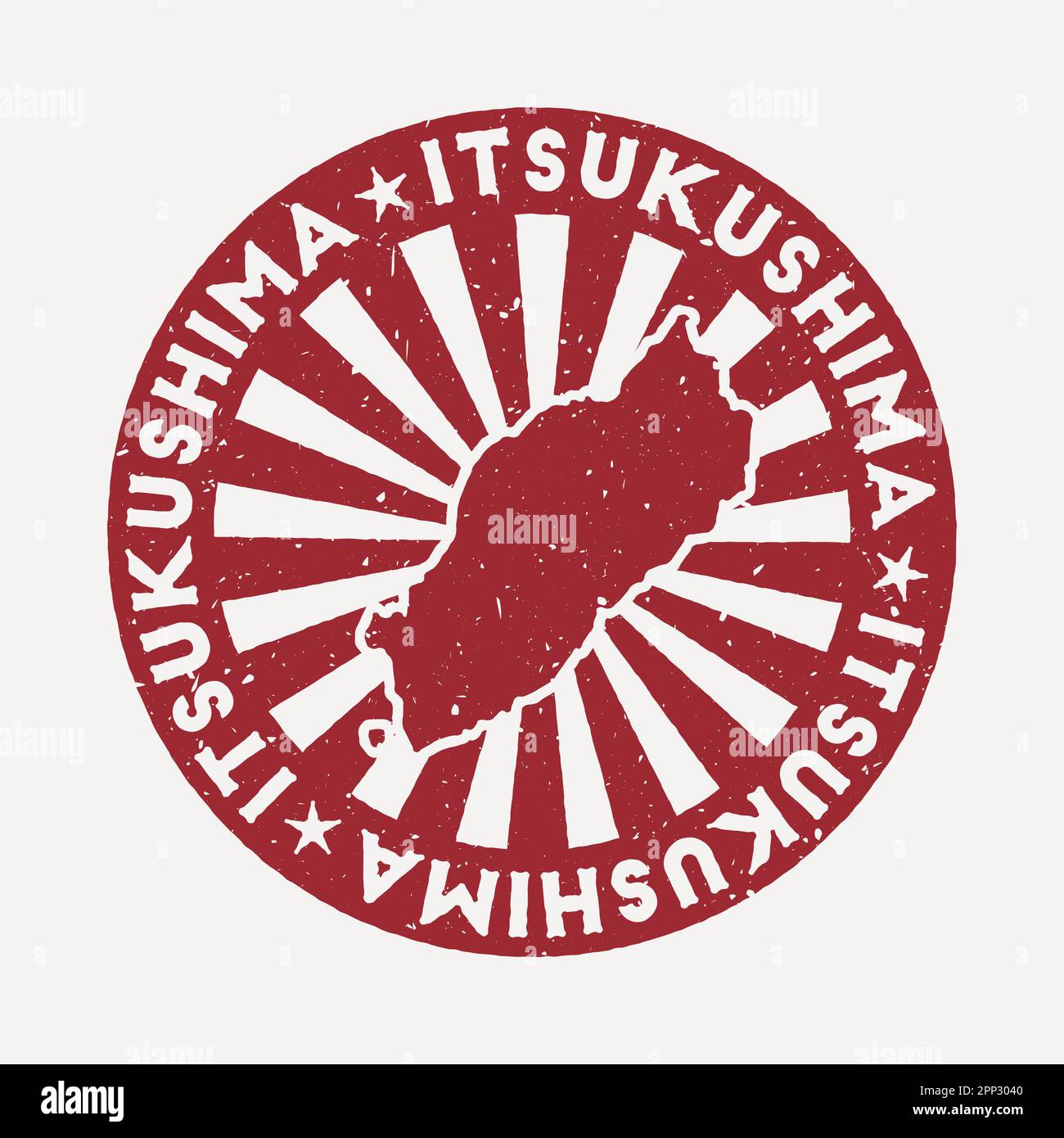 Timbre d'Itsukushima. Voyager tampon en caoutchouc rouge avec la carte de l'île, illustration vectorielle. Illustration de Vecteur