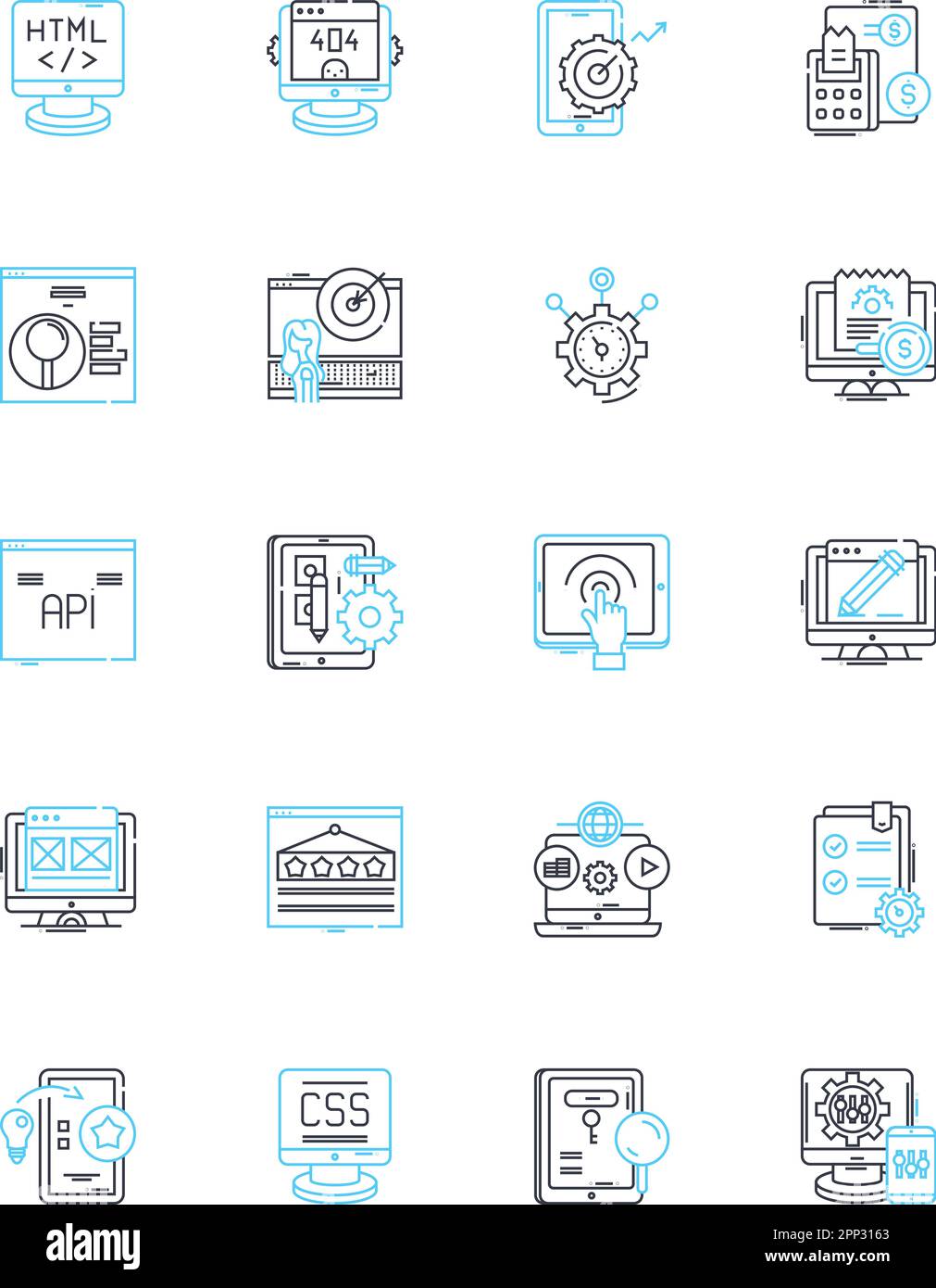 Jeu d'icônes linéaires de conception Web. Typographie, mise en page, navigation, réactif, interface, HTML, vecteur de ligne CSS et signes de concept. JavaScript,Accessibilité Illustration de Vecteur