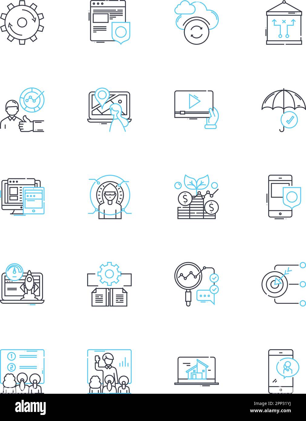 Jeu d'icônes linéaires de publicité sociale. Engagement, ciblage, impressions, conversion, CTA (appel à l'action), Retour sur investissement (ROI), ligne des mesures Illustration de Vecteur