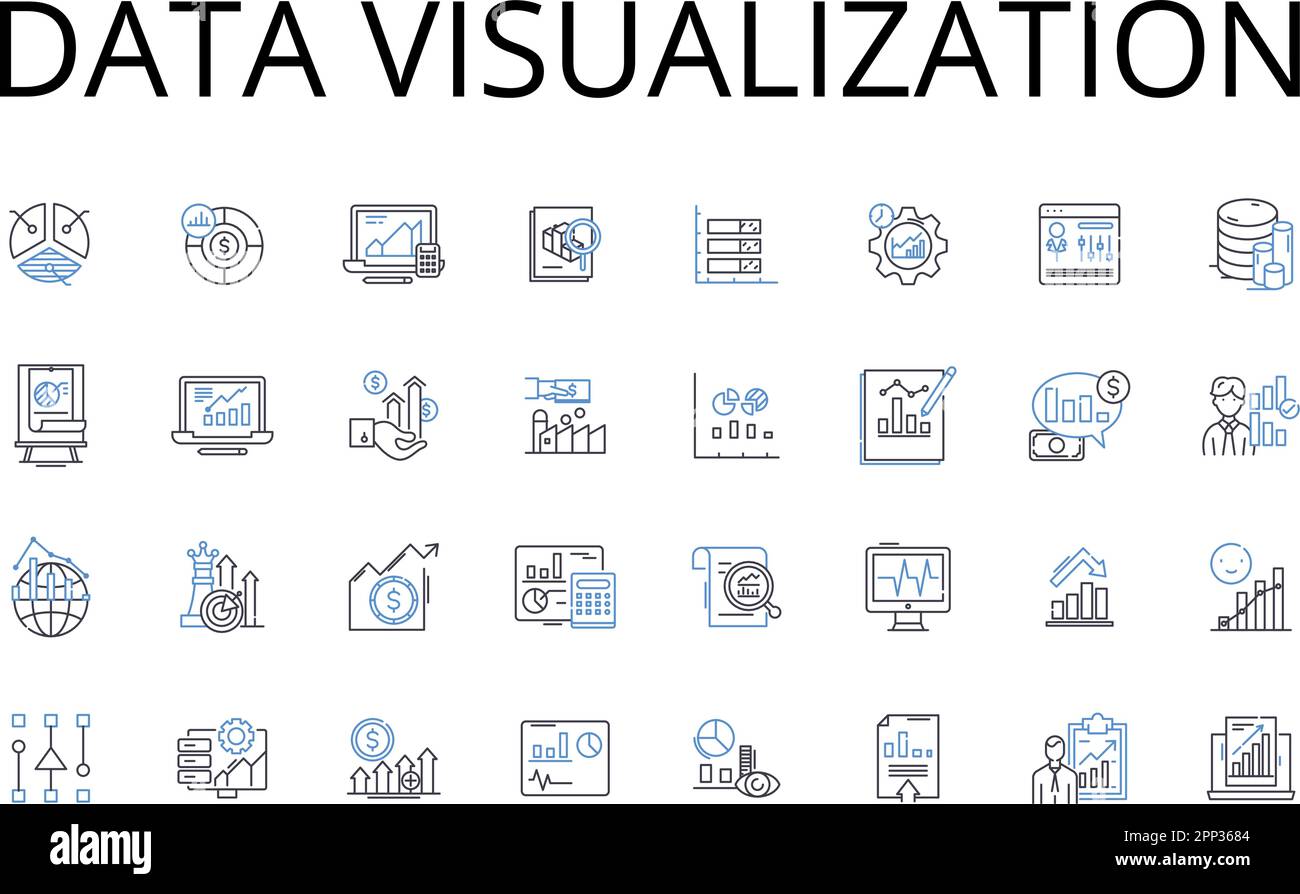 Collecte des icônes de ligne de visualisation des données. Affichage des informations, représentation graphique, illustration numérique, Présentation des données, représentation statistique Illustration de Vecteur