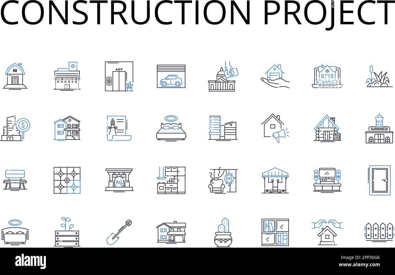 Collection d'icônes de ligne de projet de construction. Entreprise commerciale, campagne marketing, stratégie publicitaire, plan de développement, projet d'expansion Illustration de Vecteur