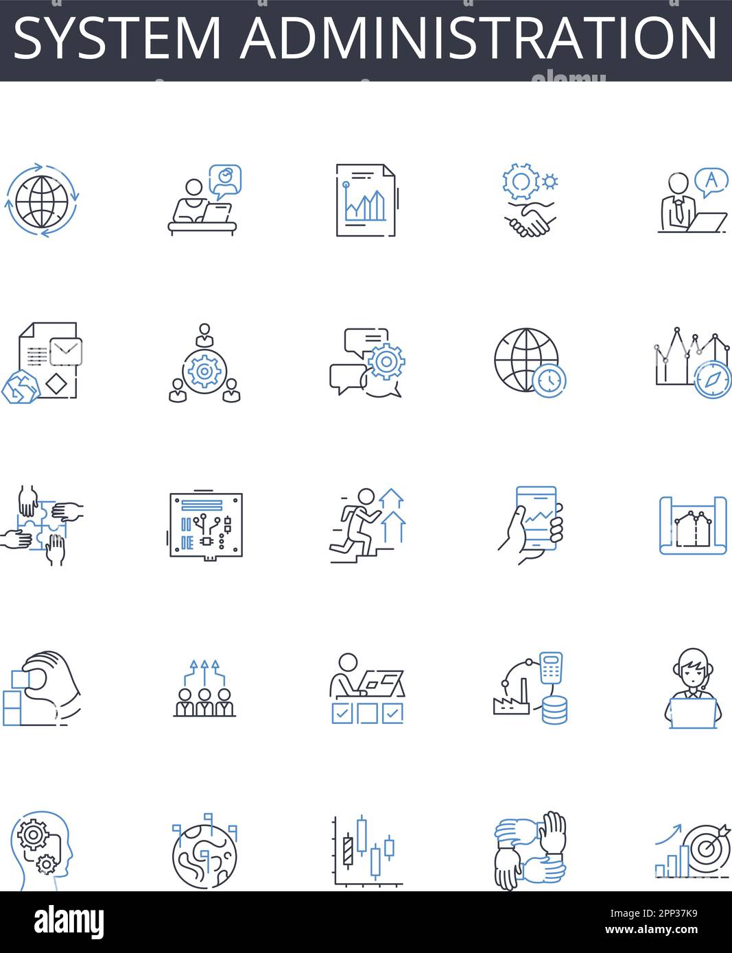 Collection d'icônes de ligne d'administration système. Gestion de Nerk, cybersécurité, support INFORMATIQUE, gestion des utilisateurs, analyse des données, Cloud computing, projet Illustration de Vecteur