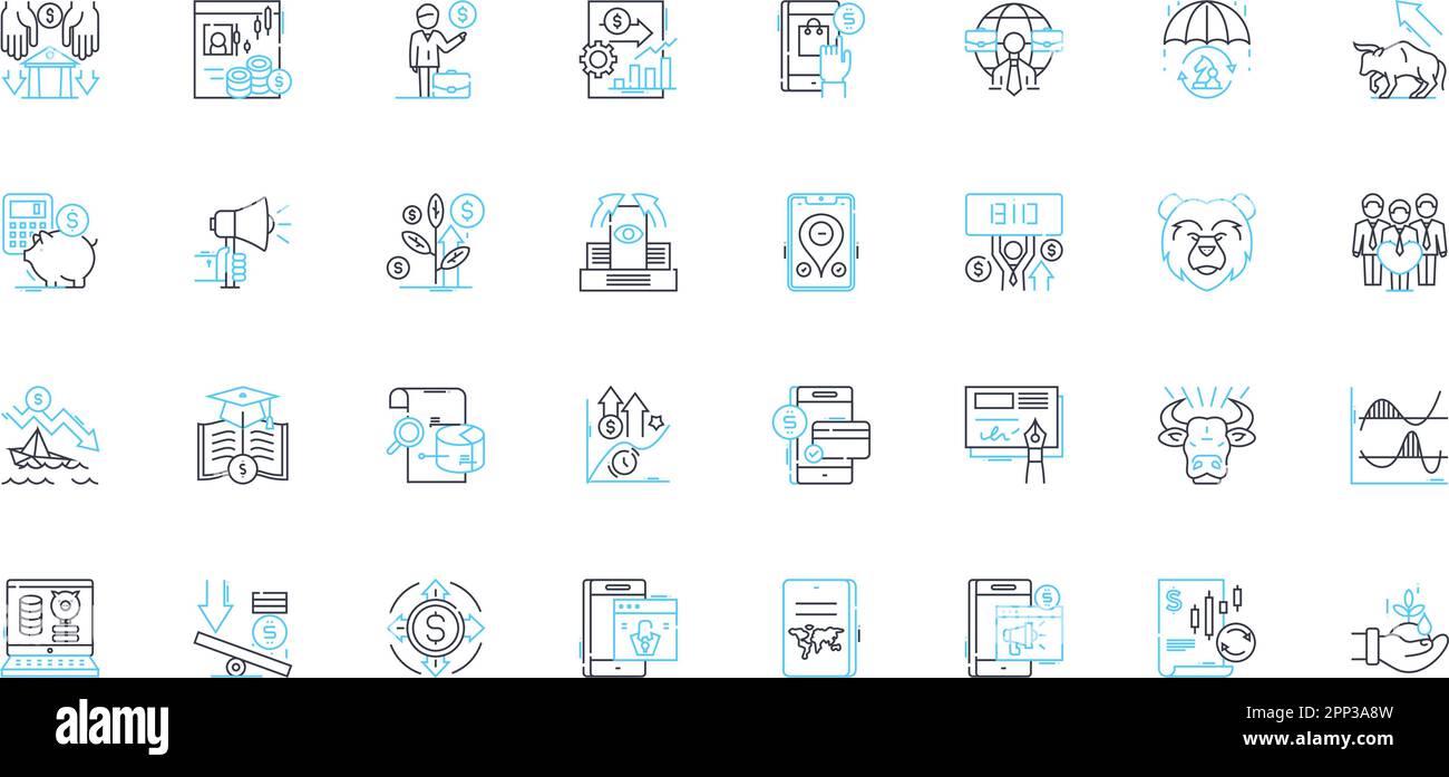 Ensemble d'icônes linéaires du courtier d'actifs. Placements, portefeuille, titres, actions, obligations, Produits de base, dérivés vecteur de ligne et signes de concept. Contrats à terme Illustration de Vecteur