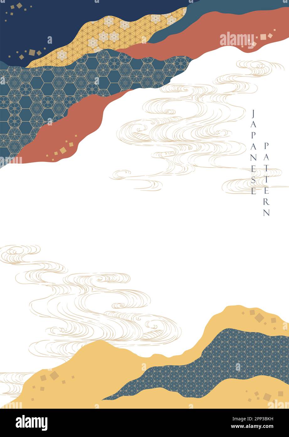 Arrière-plan paysage avec motif d'onde dessiné à la main japonais. Modèle d'art abstrait couleur avec motif géométrique. Aménagement montagnard dans la région orientale Banque D'Images