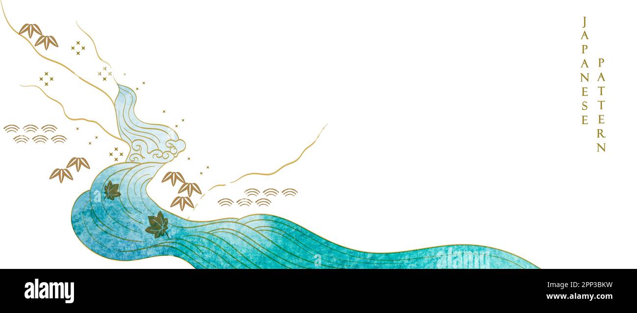 Paysage d'art abstrait avec montagne et mer d'océan avec éléments de vague dessinés à la main. Décorations de nuages chinois avec texture bleu aquarelle dans la rue vintage Banque D'Images