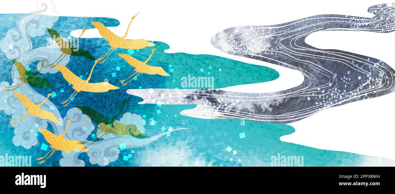 Motif d'oiseaux de grue d'or. Décorations de nuages chinois avec texture aquarelle bleue et grise dans un style vintage. Paysage d'art abstrait avec rivière et ocea Banque D'Images