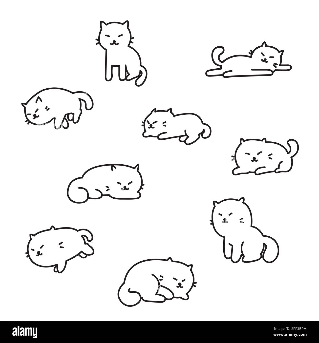 Ensemble de dessins animés chats. Illustration vectorielle moderne et simple de style géométrique plat. Mignon clip art chat Doodle Set, drôle de vecteur icônes. Style d'esquisse dessiné à la main ca Banque D'Images