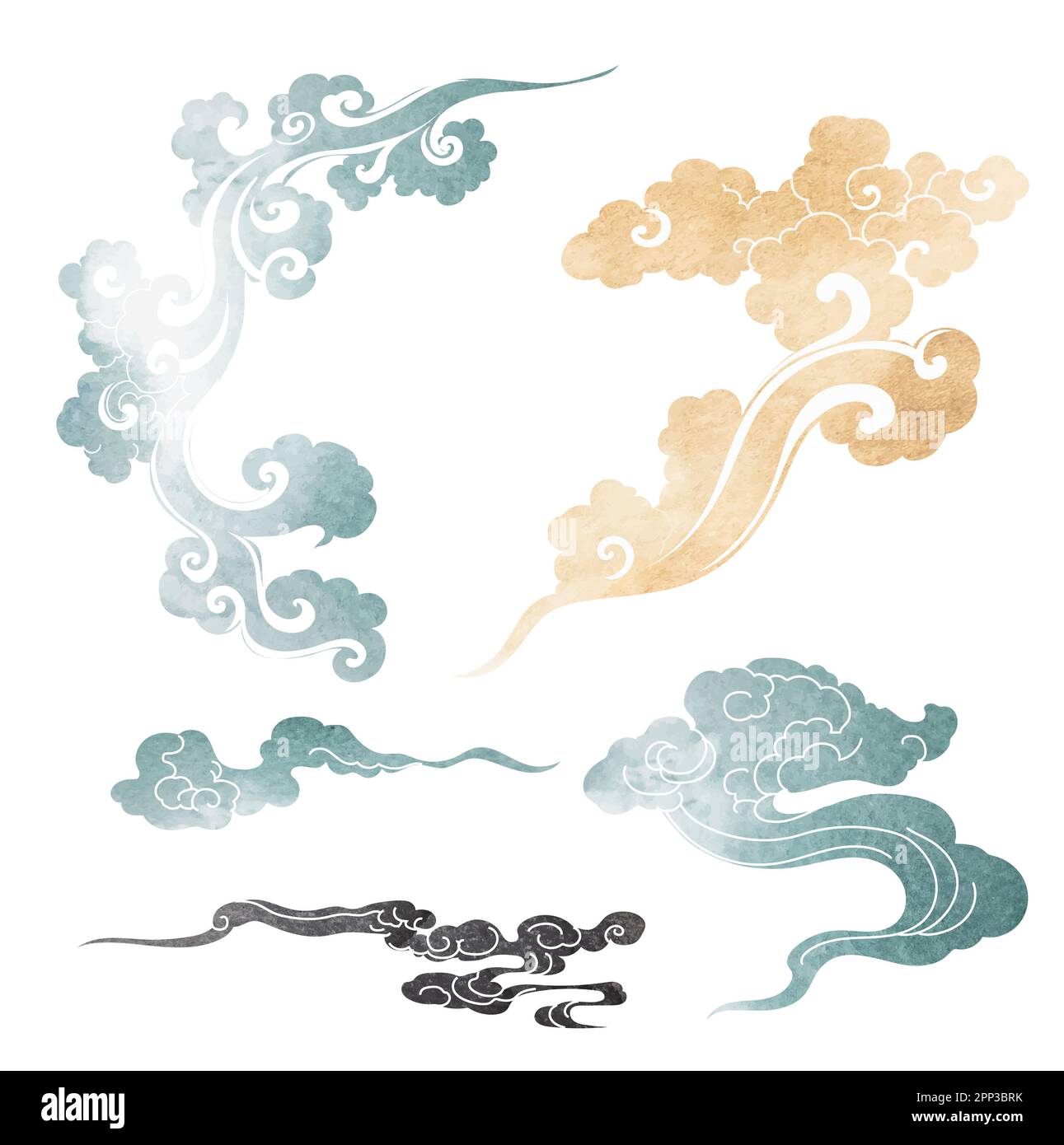 Texture en forme de pinceau bleu, marron et noir avec motif de nuages de chinses japonais dans un style vintage. Bannière de paysage d'art abstrait avec aquarelle Banque D'Images